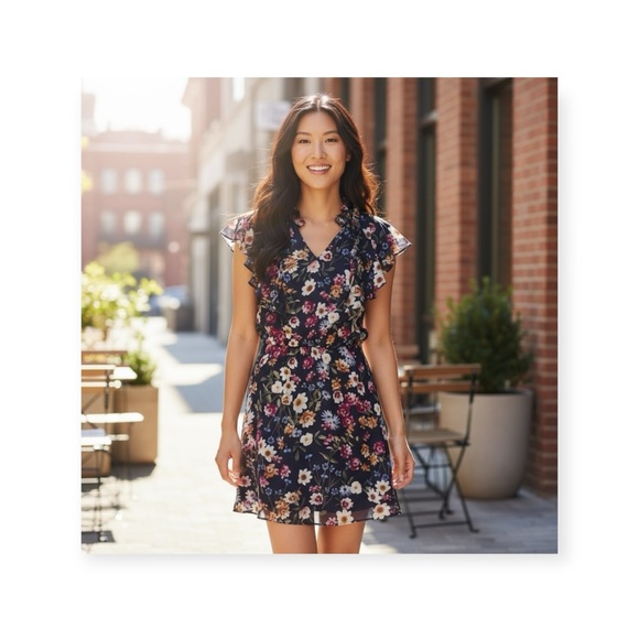 Parker ๐ Floral Silk A-Line V Neck Dress ๐ Scalloped Ruffles ๐ Navy ๐ XS ๐ - Picture 1 of 16